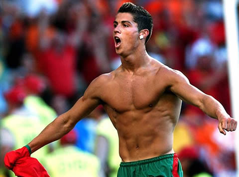 Cristiano Ronaldo in Euro 2004, playing for Portugal, shirtless body, celebrating goal, picture 5