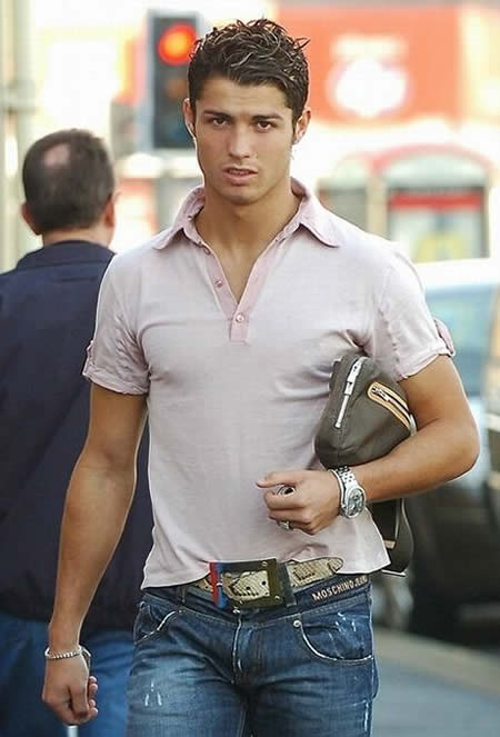 Cristiano Ronaldo fashion, when still very young, wearing a purse and a tight polo