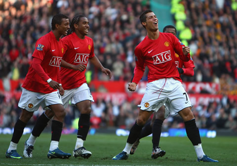 Nani and Cristiano Ronaldo celebrating a goal in Manchester United