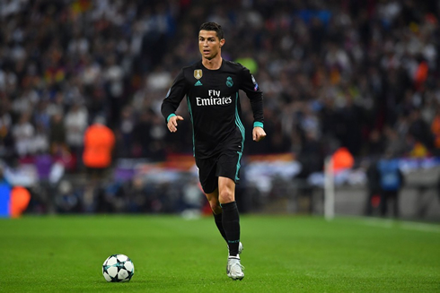 Cristiano Ronaldo wearing Real Madrid black uniform in a Champions League game in 2017