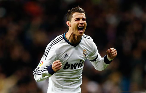 Cristiano Ronaldo joy and hapiness at the Santiago Bernabéu, after scoring the opener goal from a free-kick in Real Madrid vs Atletico Madrid, in La Liga 2012-2013