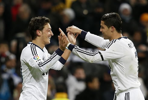 Mesut Ozil and Cristiano Ronaldo greeting and congratulating each other, in Real Madrid vs Atletico Madrid for the Spanish League 2012-2013