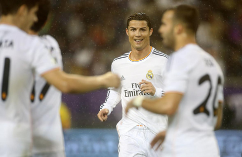 Cristiano Ronaldo joining his teammates goal celebration, in PSG vs Real Madrid