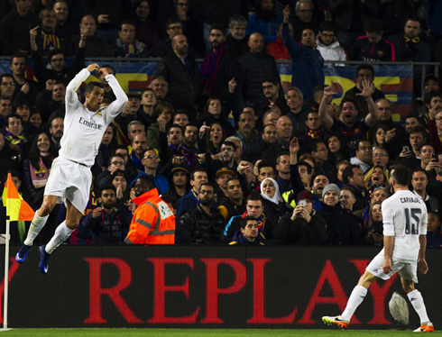 Cristiano Ronaldo jumping to celebrate his goal at Camp Nou, in Barcelona 1-2 Real Madrid for La Liga 2015-2016