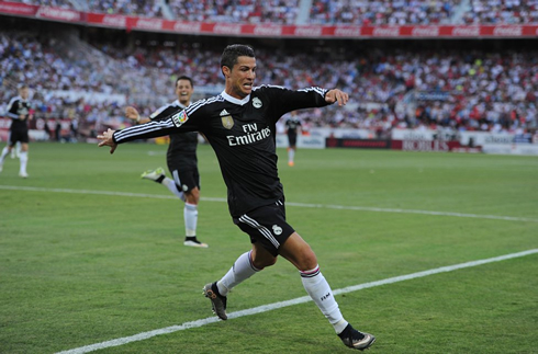 Cristiano Ronaldo preparing to jump to celebrate his goal for Real Madrid