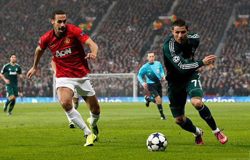 Cristiano Ronaldo outrunning Rio Ferdinand, in Manchester United vs Real Madrid, in the Champions League 2013