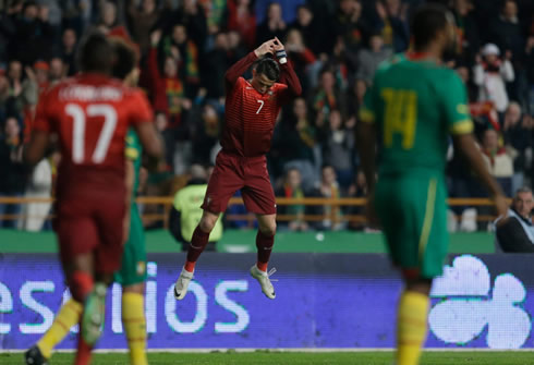 Cristiano Ronaldo trademark jump to celebrate a goal in Portugal 5-1 Cameroon