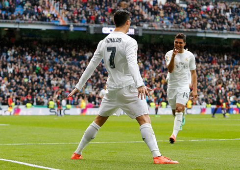 Cristiano Ronaldo doing his goal celebration after scoring at the Bernabéu