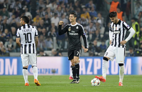 Cristiano Ronaldo smiles to the Real Madrid, moments after scoring an important away goal against Juventus