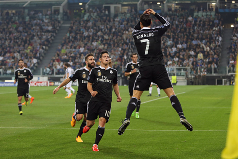 Cristiano Ronaldo doing his trademark goal celebration in Juventus vs Real Madrid, in 2015