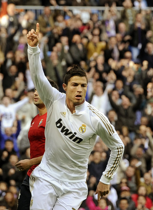 Cristiano Ronaldo raises his right finger to the sky when celebrating his goal for Real Madrid