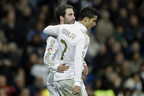 Cristiano Ronaldo hugs Gonzalo Higuaín in Real Madrid 2011-2012