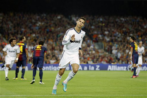 Cristiano Ronaldo trademark goal celebration against Barcelona, telling the home fans to be calm because Ronaldo is there, in La Liga 2012-2013