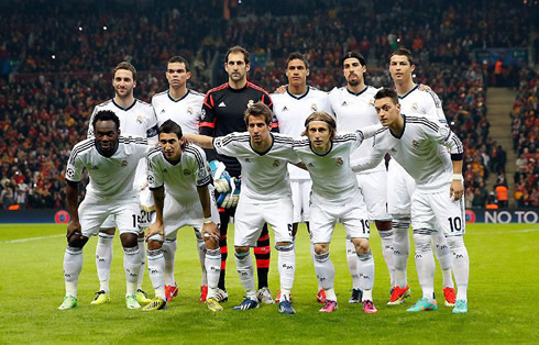 Real Madrid line-up posing for a team photo ahead of the game against Galatasaray, for the Champions League quarter-finals second leg, in 2013