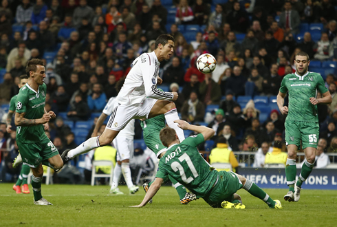 Cristiano Ronaldo jumping over a defender, in Real Madrid 4-0 Ludogorets Razgrad