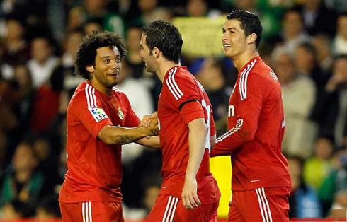 Cristiano Ronaldo, Gonzalo Higuaín and Marcelo looking happy in 2012