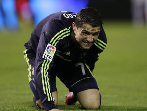 Cristiano Ronaldo complaining of a knock he suffered during Celta de Vigo vs Real Madrid, for the Spanish League 2012-2013