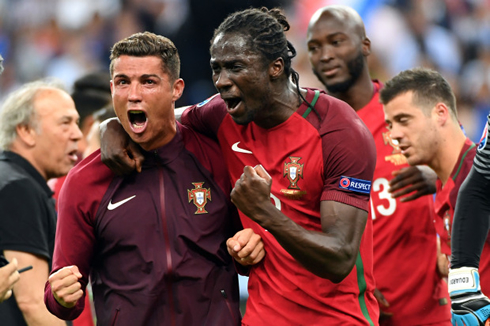 Cristiano Ronaldo celebrating Portugal win with Éder, in the EURO 2016