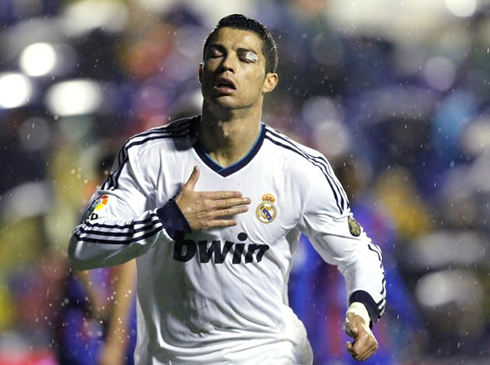 Cristiano Ronaldo celebrating goal for Real Madrid against Levante, injured and with one eye patched, in Spanish League La Liga 2012-2013