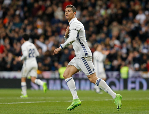 Cristiano Ronaldo taps his chest after scoring for Real Madrid in La Liga