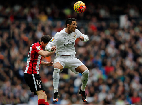 Cristiano Ronaldo in the air to head a ball, in Real Madrid vs Athletic Bilbao