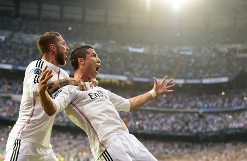 Cristiano Ronaldo being grabbed by Sergio Ramos when celebrating the opening goal against Juventus