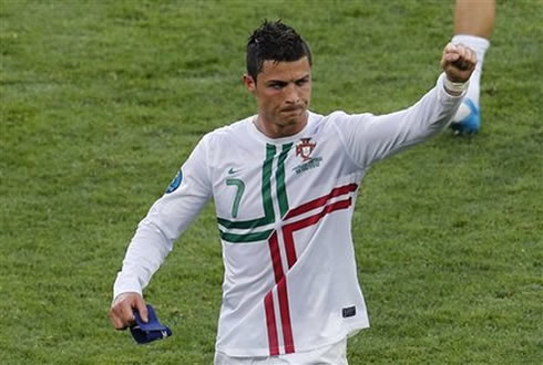 Cristiano Ronaldo raising his fist as a sign of strenght, after Portugal defeated Denmark in the EURO 2012 by 3-2