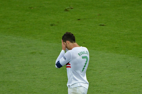 Cristiano Ronaldo almost crying after missing a great opportunity to score Portugal against Denmark, in the EURO 2012