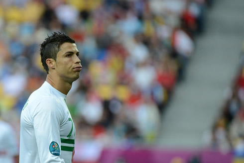 Cristiano Ronaldo funny reaction with his mouth, after missing a chance for Portugal against Denmark, in the EURO 2012