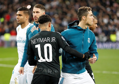 Neymar Jr and Cristiano Ronaldo meeting each other ahead of a Real Madrid vs PSG match in the Champions League in 2018