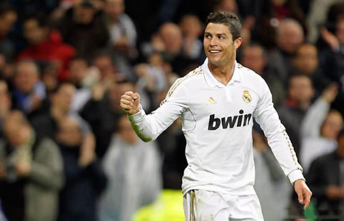 Cristiano Ronaldo showing his strenght by closing his fist after scoring a goal for Real Madrid