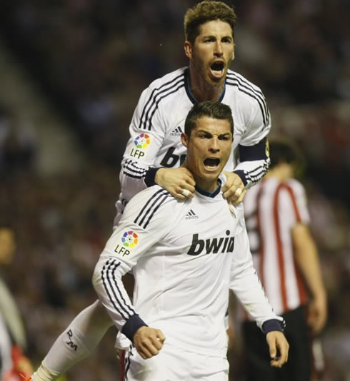 Cristiano Ronaldo celebrating Real Madrid goal with Sergio Ramos, in the last Merengues game in the San Mamés stadium