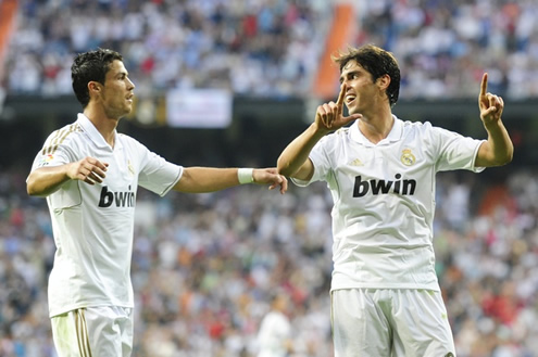 Cristiano Ronaldo and Kaká celebrate a Real Madrid goal in the Santiago Bernabéu