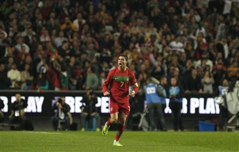 Cristiano Ronaldo celebrating against Bosnia, with the crowd going nuts
