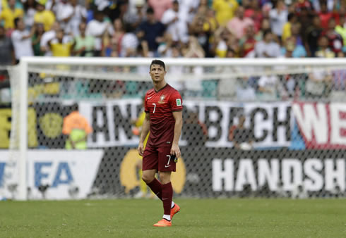 Cristiano Ronaldo setting his sight on the stadium board, during Germany 4-0 Portugal at the 2014 FIFA World Cup