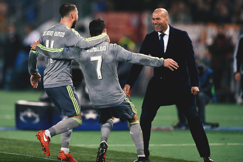 Cristiano Ronaldo goes for a team hug with Zinedine Zidane, after giving Real Madrid the lead in Rome