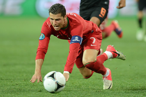 Cristiano Ronaldo falling to the ground in Portugal 2-1 Holland, at the EURO 2012
