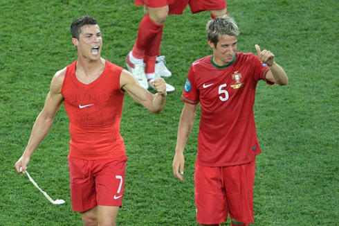 Cristiano Ronaldo and Fábio Coentrão celebrating Portugal victory at the EURO 2012