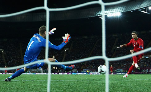 Cristiano Ronaldo goal viewed from a camera behind the goal line, in Portugal 2-1 Holland, in the EURO 2012