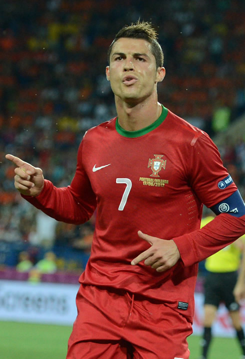 Cristiano Ronaldo style as he celebrates Portugal first goal against Holland in the EURO 2012