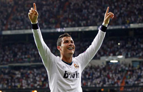 Cristiano Ronaldo smiling and looking happy in Real Madrid, as he celebrates the win against Manchester City, at the Santiago Bernabéu in 2012-2013