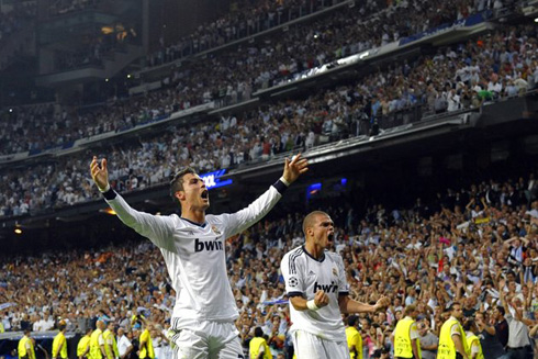 Cristiano Ronaldo and Pepe celebrating Real Madrid goal and victory against Manchester City, at the Santiago Bernabéu in the UCL 2012-2013