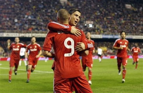 Cristiano Ronaldo huggging and congratulating Karim Benzema for his goal in Real Madrid, La Liga 2011-2012