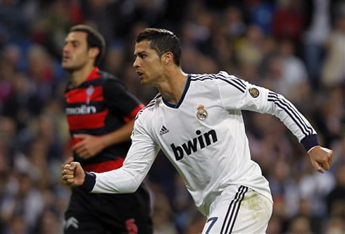 Cristiano Ronaldo clenching his fist and celebrating Real Madrid goal against Celta de Vigo, in La Liga 2012-2013