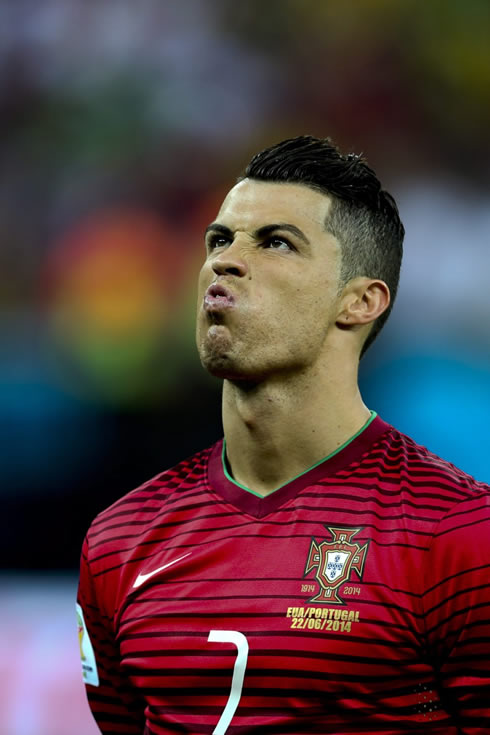 Cristiano Ronaldo making an ugly face ahead of the Portugal vs USA game for the 2014 FIFA World Cup