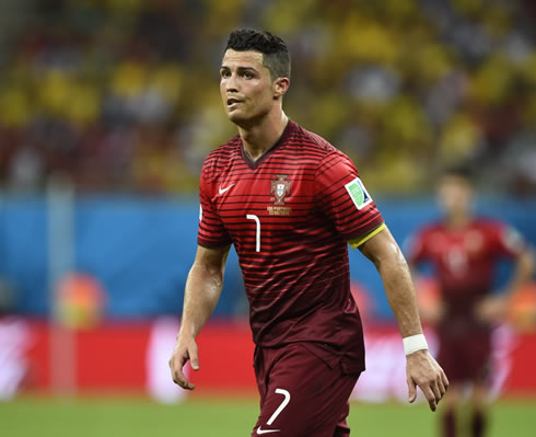 Cristiano Ronaldo biting his lips as he reacts during USA 2-2 Portugal, for the FIFA World Cup 2014