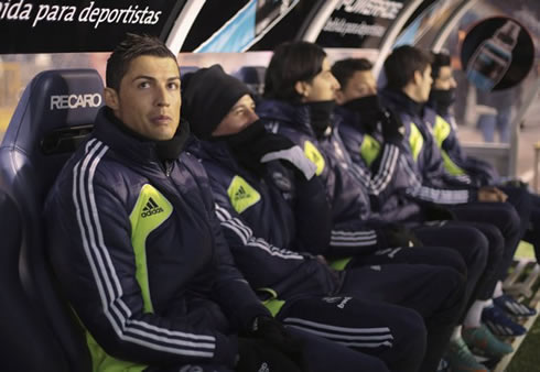 Cristiano Ronaldo on Real Madrid bench in the league game against Deportivo, in February 2013