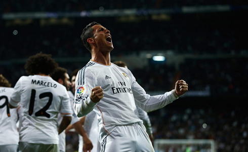 Cristiano Ronaldo celebrates goal in La Liga Clasico between Real Madrid and Barcelona