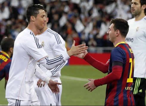 Cristiano Ronaldo salutes Messi ahead of a Real Madrid vs Barcelona Clasico