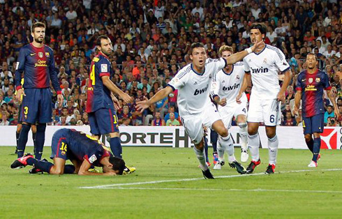 Cristiano Ronaldo celebrations after scoring against Barcelona, in the Spanish Supercup 1st leg at the Camp Nou, in 2012